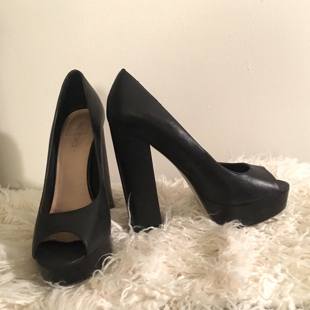Aldo Black Leather Peep Toe Heels